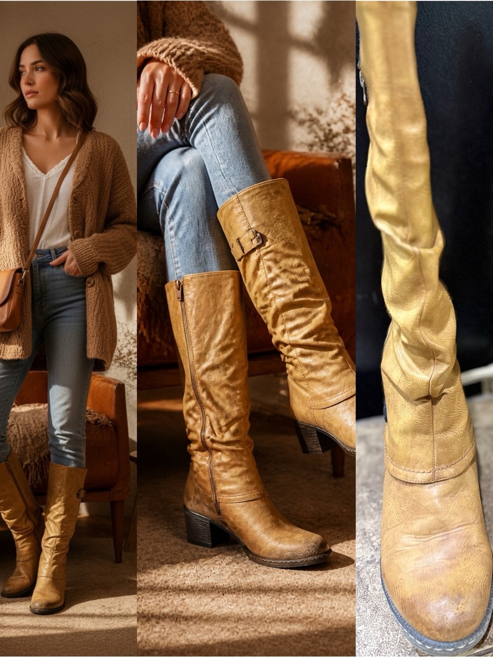 Rieker Women’s Tall Tan Faux Leather Boots Size EU 39 US 8 Side Zip Low Heel